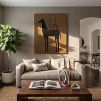Two Acrobats Crown Midnight - horse acrobat folk painting by Isabelle Laurent, modern Western vertical wall art – styled room scene view 4