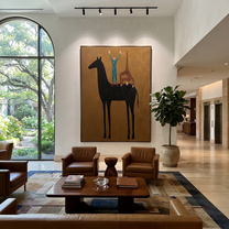 Two Acrobats Crown Midnight - horse acrobat folk painting by Isabelle Laurent, modern Western vertical wall art – styled room scene view 5