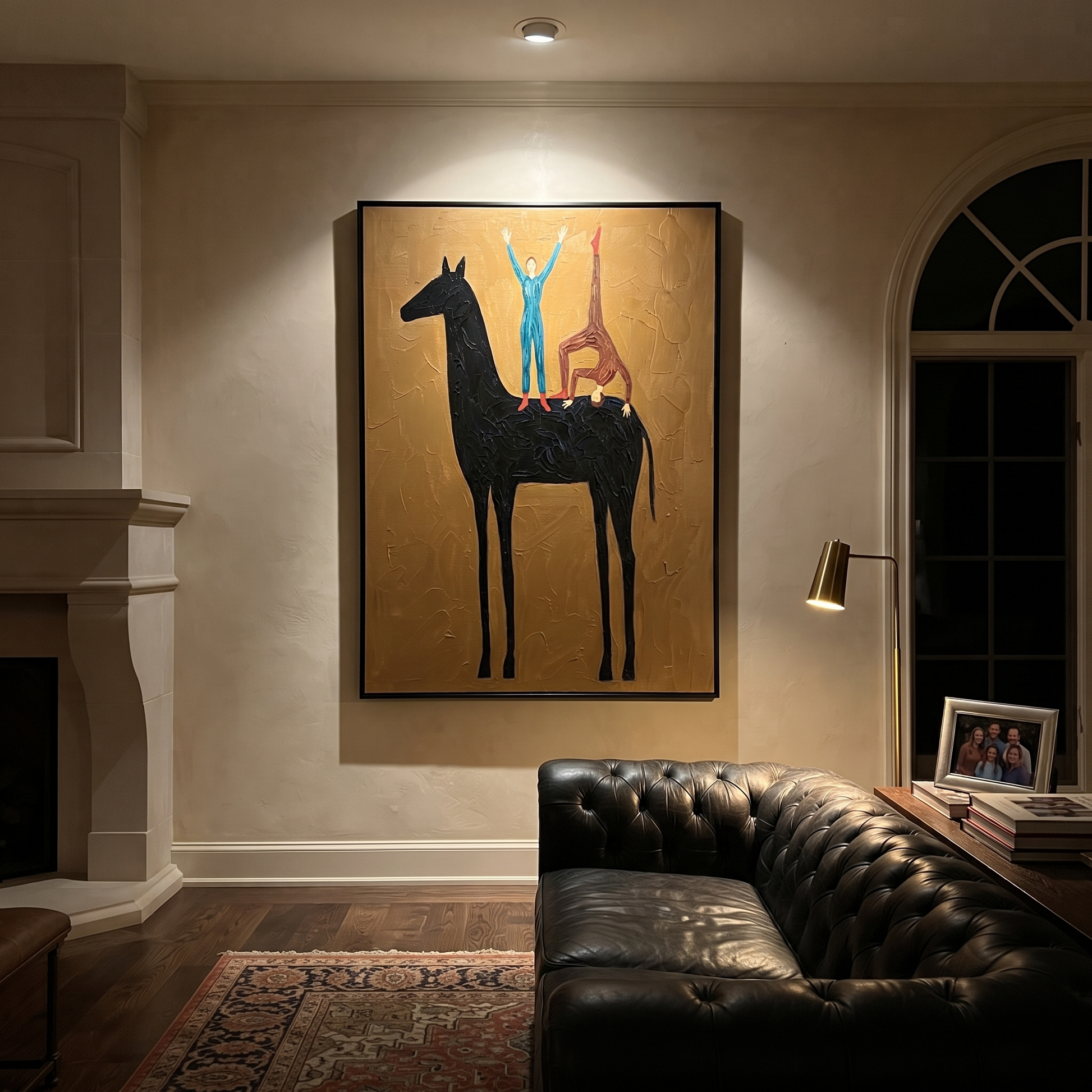 Two Acrobats Crown Midnight - horse acrobat folk painting by Isabelle Laurent, modern Western vertical wall art – styled room scene view 6
