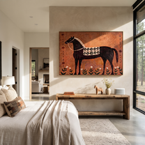 Flowers Rise Beneath Dapples - decorative black horse painting by Isabelle Laurent, modern Western horizontal wall art – styled room scene view 1