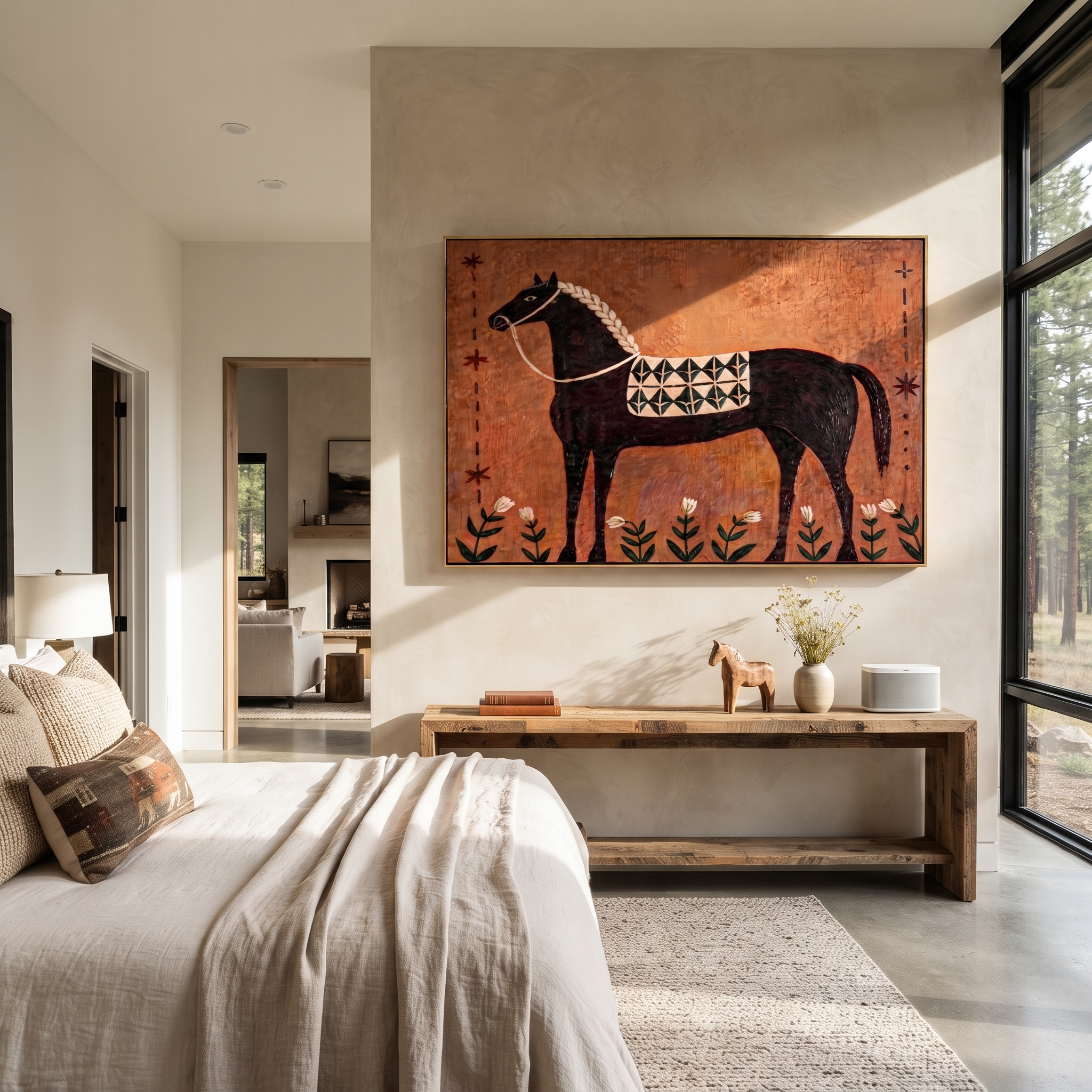 Flowers Rise Beneath Dapples - decorative black horse painting by Isabelle Laurent, modern Western horizontal wall art – styled room scene view 1