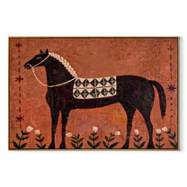 Flowers Rise Beneath Dapples - decorative black horse painting by Isabelle Laurent, modern Western horizontal wall art – wood frame on white background