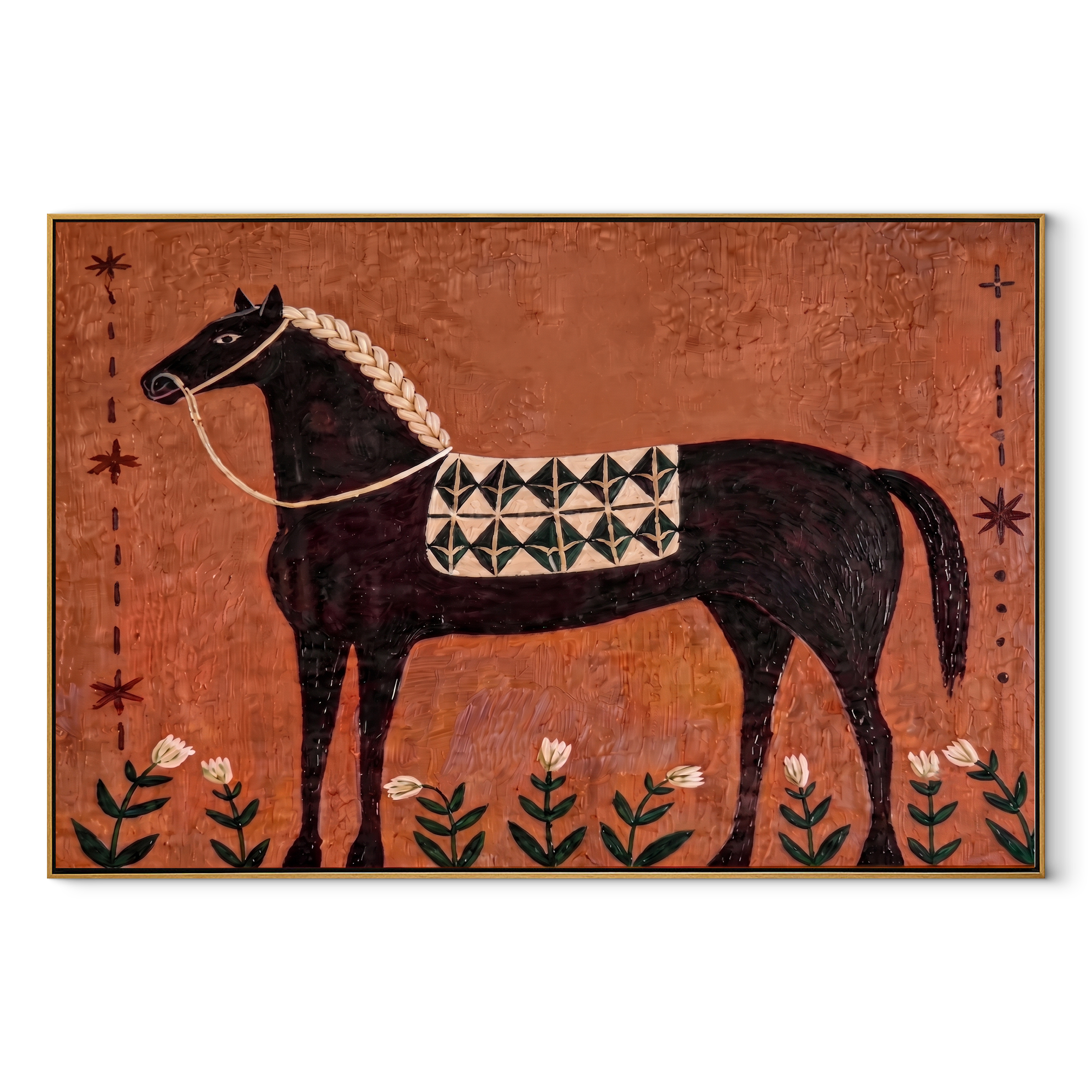 Flowers Rise Beneath Dapples - decorative black horse painting by Isabelle Laurent, modern Western horizontal wall art – wood frame on white background