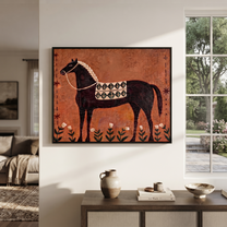 Flowers Rise Beneath Dapples - decorative black horse painting by Isabelle Laurent, modern Western horizontal wall art – styled room scene view 2