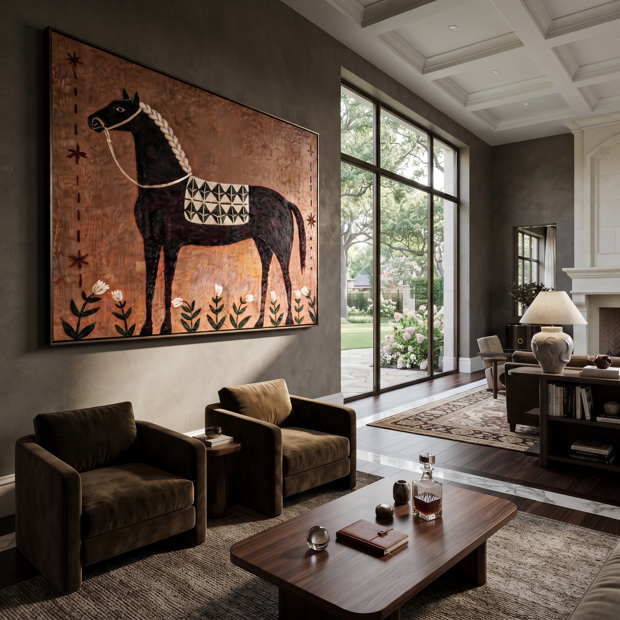 Flowers Rise Beneath Dapples - decorative black horse painting by Isabelle Laurent, modern Western horizontal wall art – styled room scene view 3
