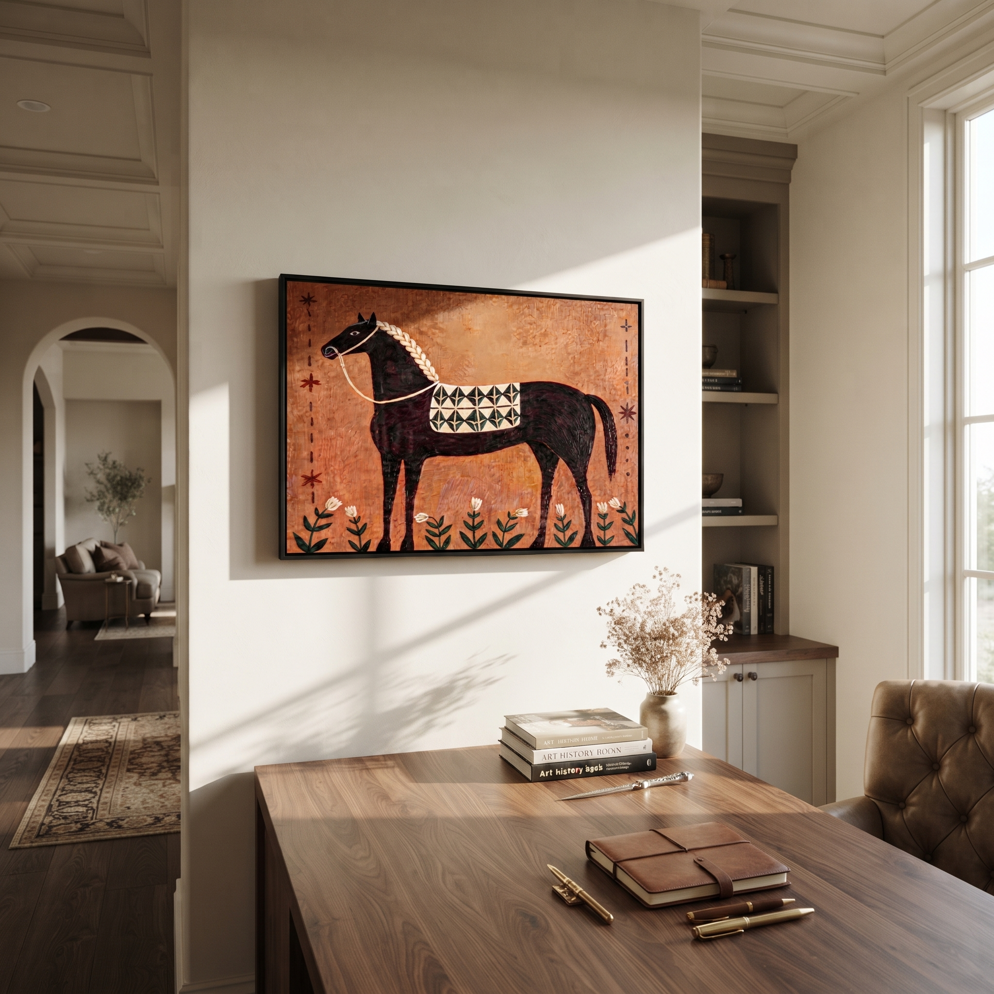 Flowers Rise Beneath Dapples - decorative black horse painting by Isabelle Laurent, modern Western horizontal wall art – styled room scene view 5