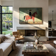 Red Horse Crosses Mint - minimal horse rider painting by Isabelle Laurent, modern Western horizontal wall art – styled room scene view 1