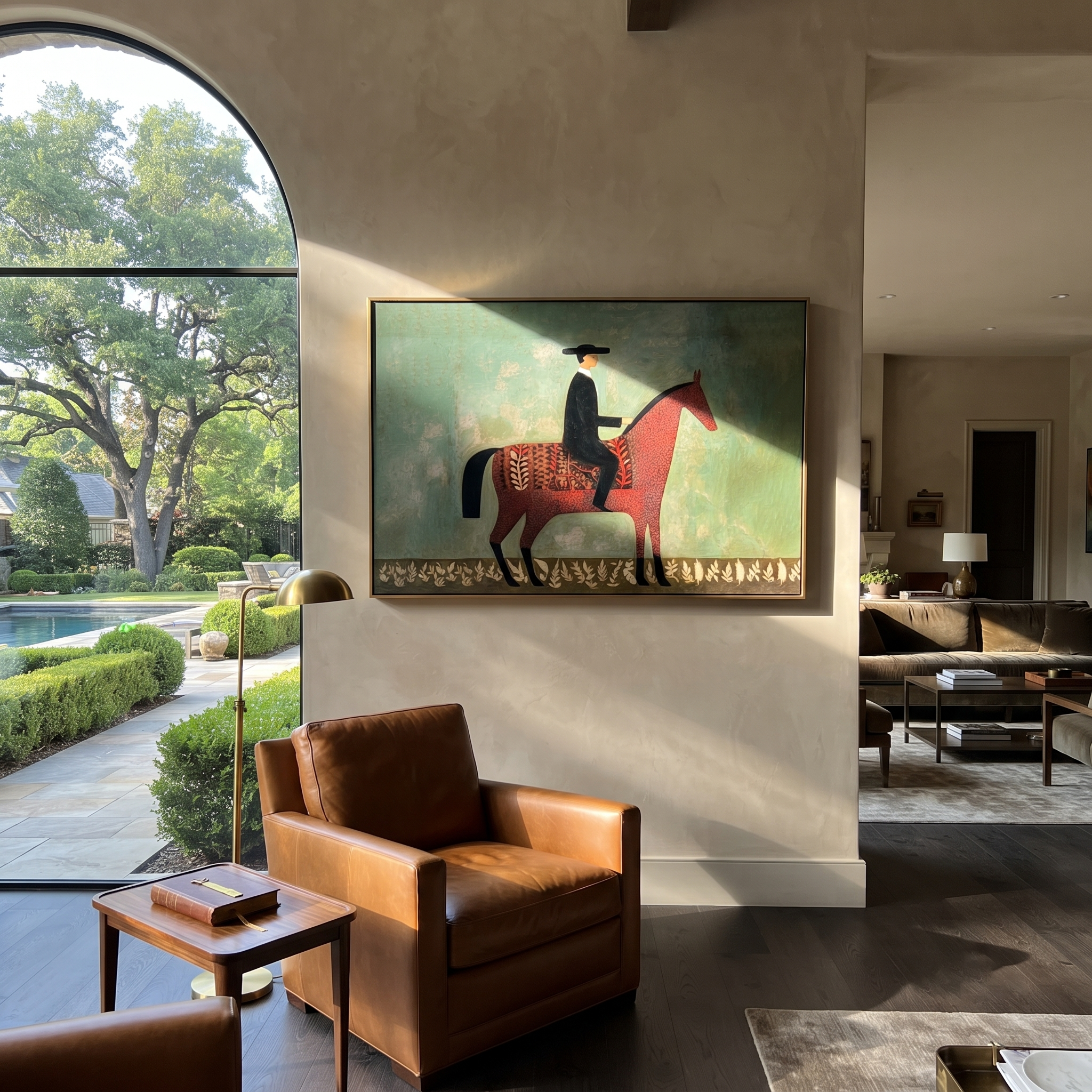 Red Horse Crosses Mint - minimal horse rider painting by Isabelle Laurent, modern Western horizontal wall art – styled room scene view 2