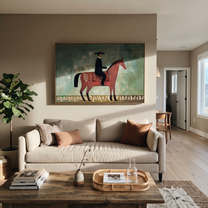 Red Horse Crosses Mint - minimal horse rider painting by Isabelle Laurent, modern Western horizontal wall art – styled room scene view 3