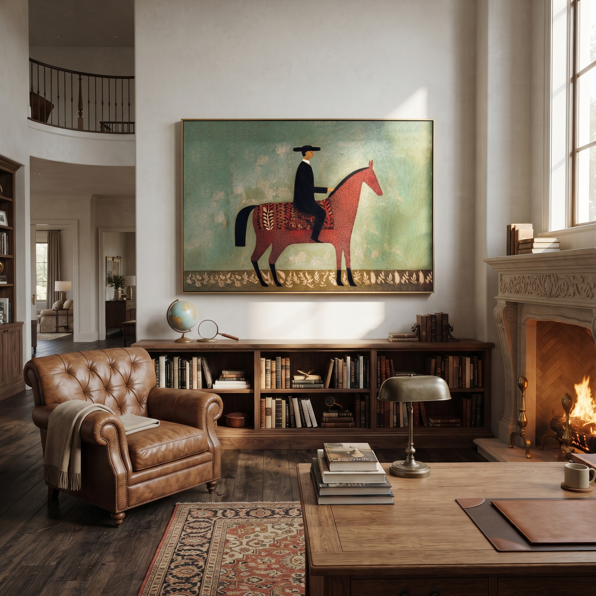 Red Horse Crosses Mint - minimal horse rider painting by Isabelle Laurent, modern Western horizontal wall art – styled room scene view 4