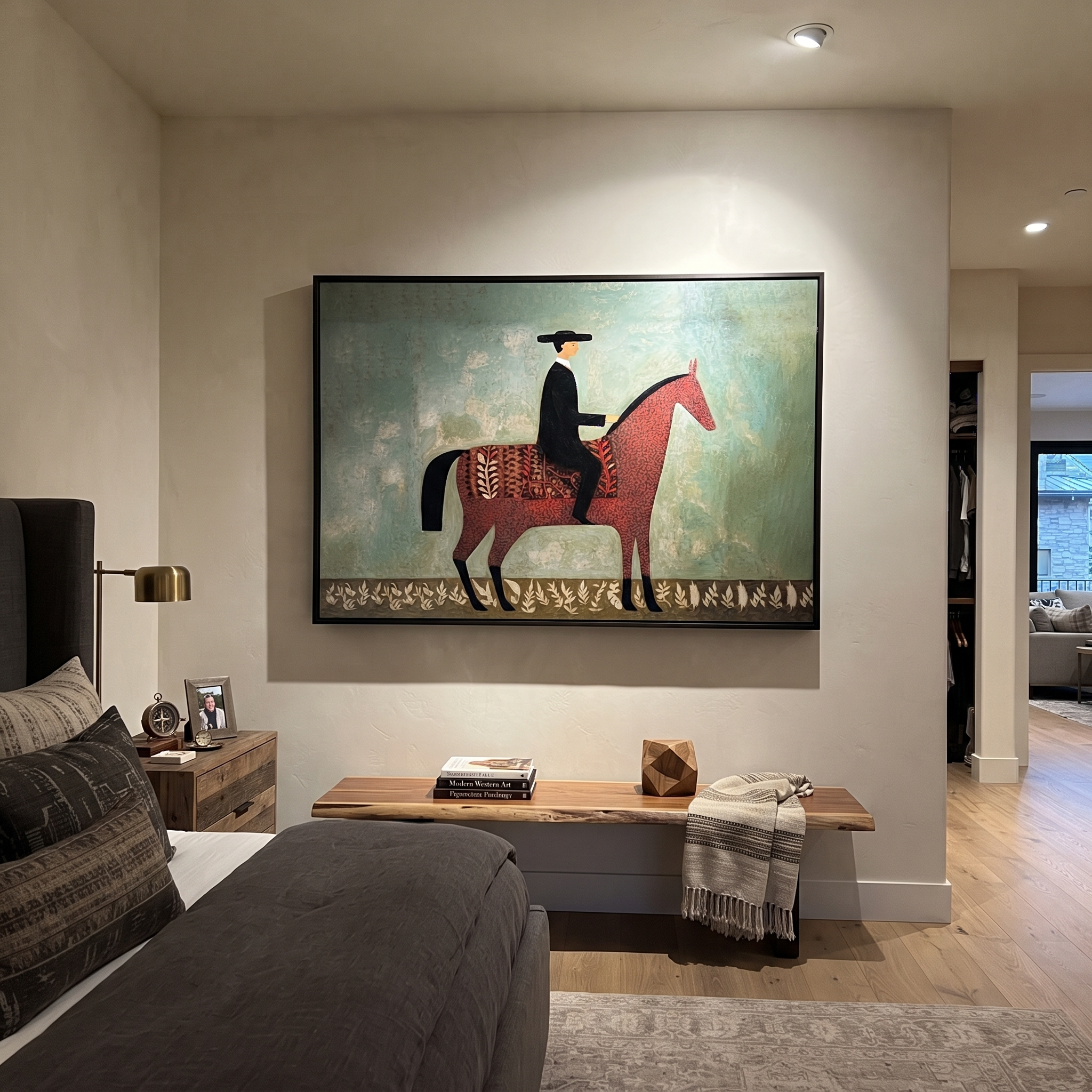 Red Horse Crosses Mint - minimal horse rider painting by Isabelle Laurent, modern Western horizontal wall art – styled room scene view 5