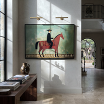 Red Horse Crosses Mint - minimal horse rider painting by Isabelle Laurent, modern Western horizontal wall art – styled room scene view 6