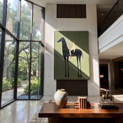 Pale Rider Sits High - tall black horse painting by Isabelle Laurent, modern Western vertical wall art – styled room scene view 1