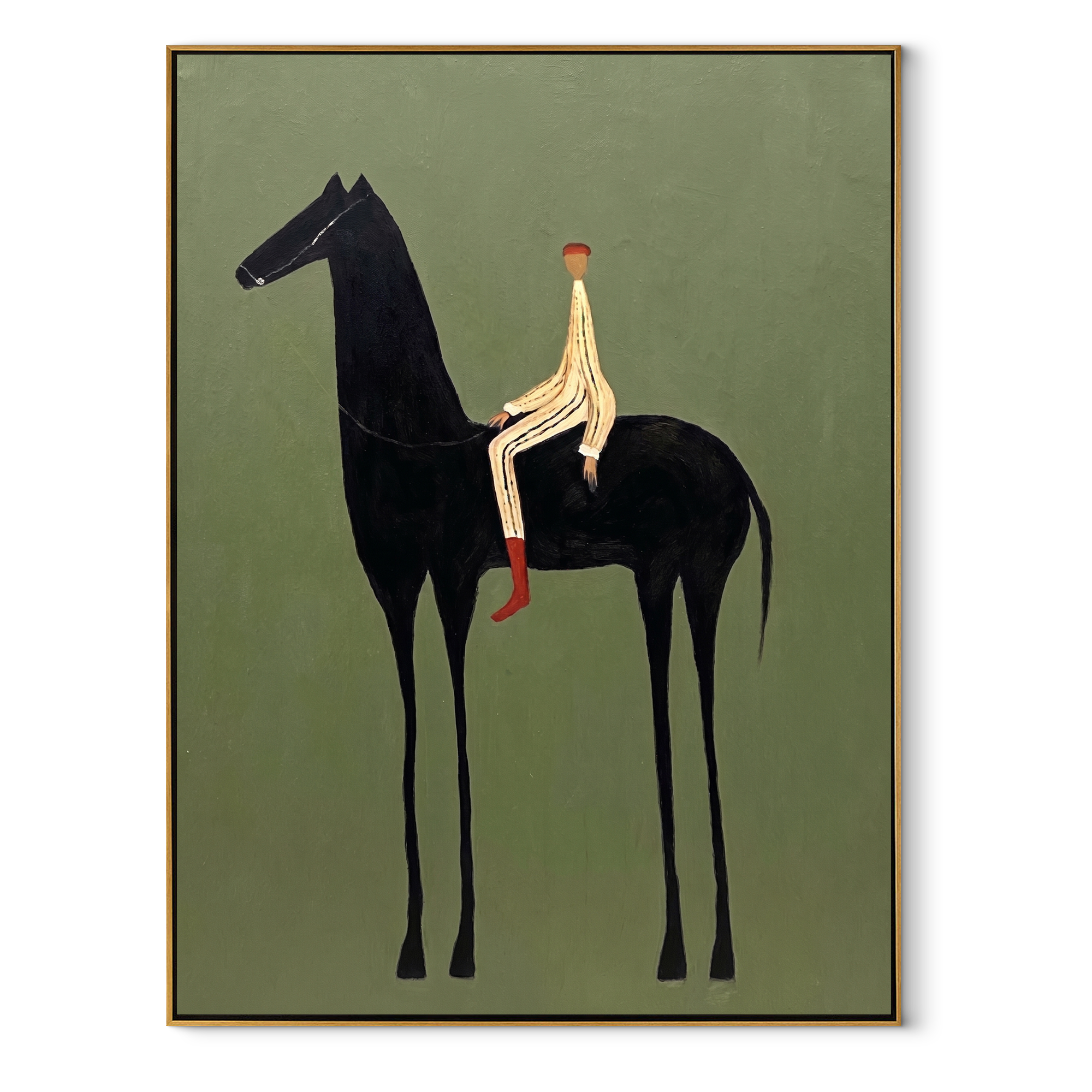 Pale Rider Sits High - tall black horse painting by Isabelle Laurent, modern Western vertical wall art – wood frame on white background