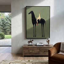 Pale Rider Sits High - tall black horse painting by Isabelle Laurent, modern Western vertical wall art – styled room scene view 2