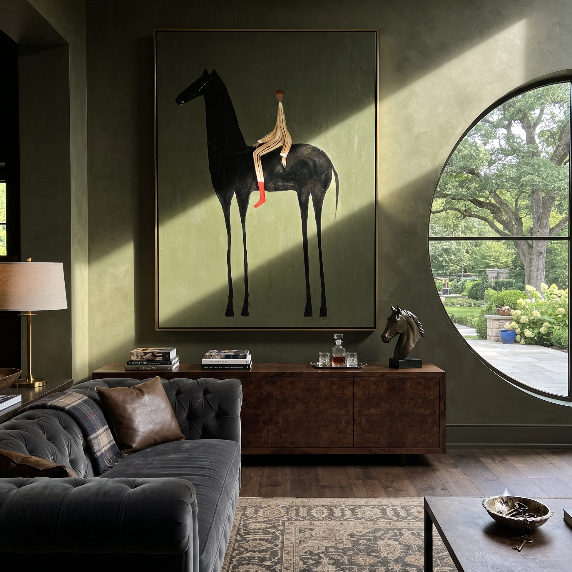 Pale Rider Sits High - tall black horse painting by Isabelle Laurent, modern Western vertical wall art – styled room scene view 3