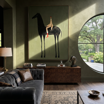 Pale Rider Sits High - tall black horse painting by Isabelle Laurent, modern Western vertical wall art – styled room scene view 3