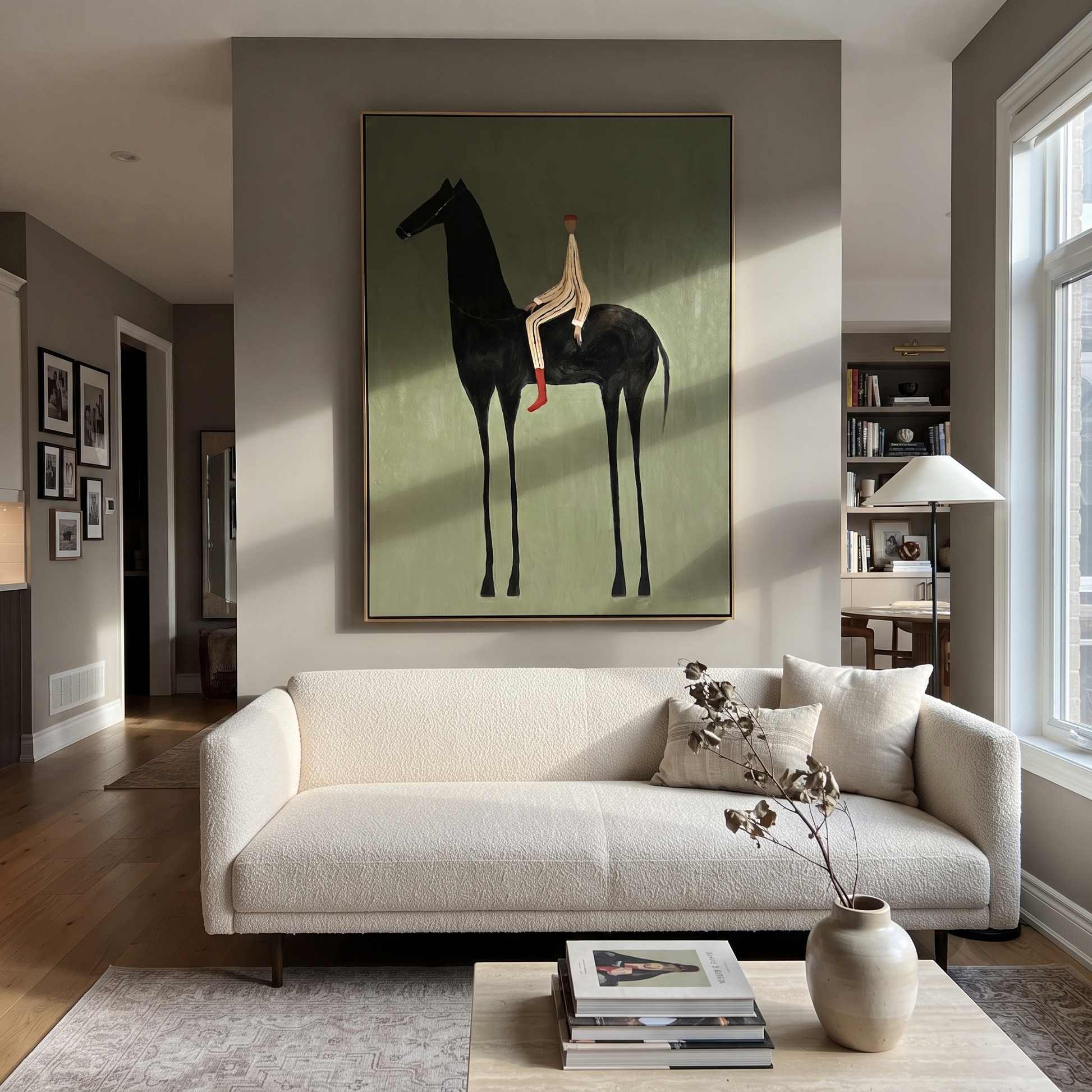 Pale Rider Sits High - tall black horse painting by Isabelle Laurent, modern Western vertical wall art – styled room scene view 4