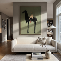 Pale Rider Sits High - tall black horse painting by Isabelle Laurent, modern Western vertical wall art – styled room scene view 4