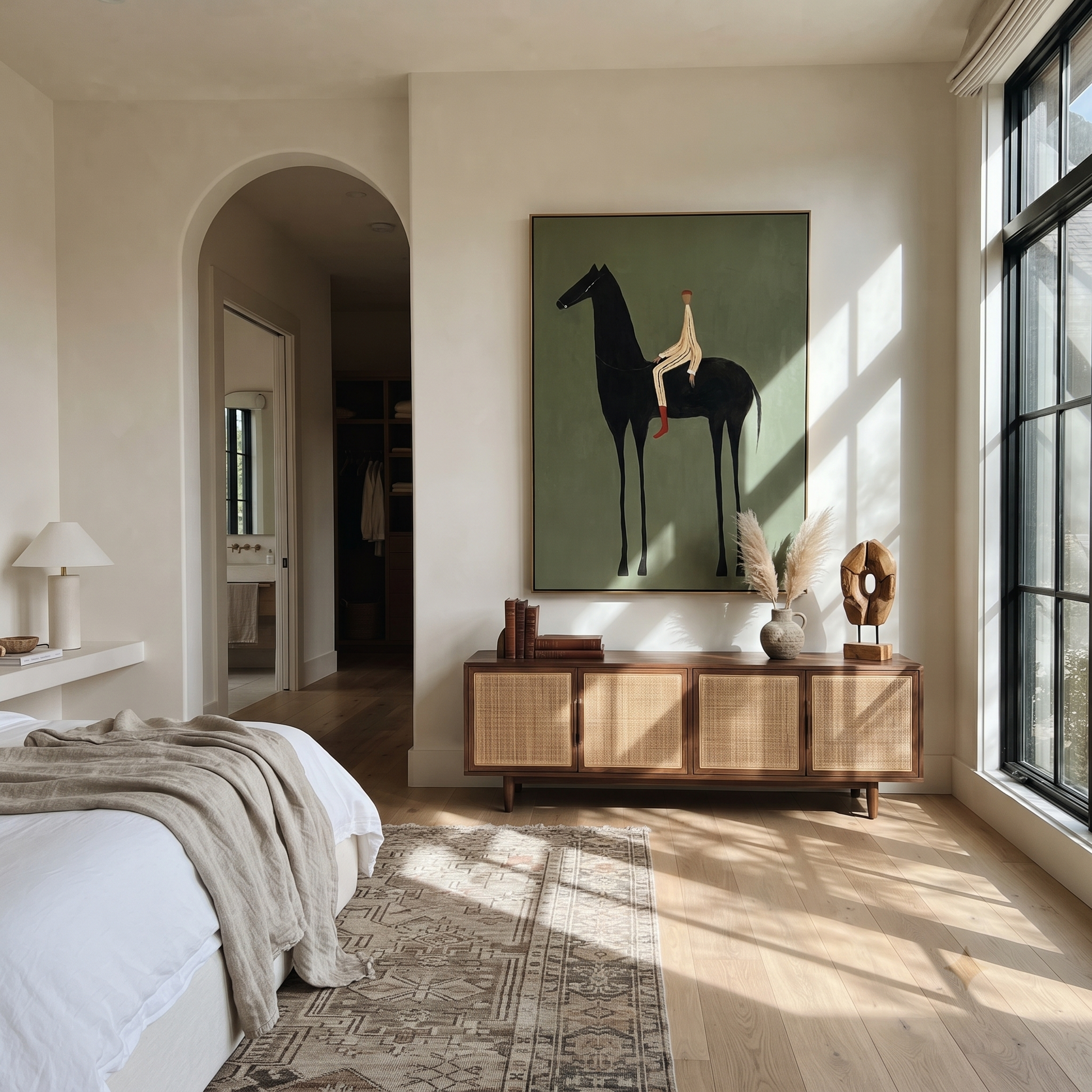Pale Rider Sits High - tall black horse painting by Isabelle Laurent, modern Western vertical wall art – styled room scene view 5