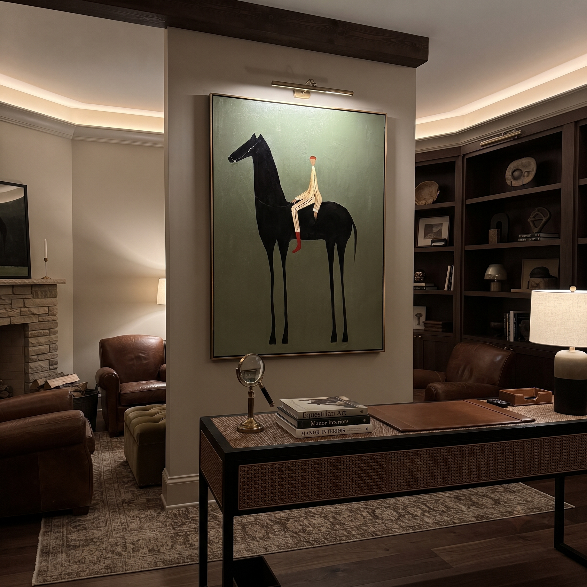 Pale Rider Sits High - tall black horse painting by Isabelle Laurent, modern Western vertical wall art – styled room scene view 6