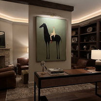 Pale Rider Sits High - tall black horse painting by Isabelle Laurent, modern Western vertical wall art – styled room scene view 6