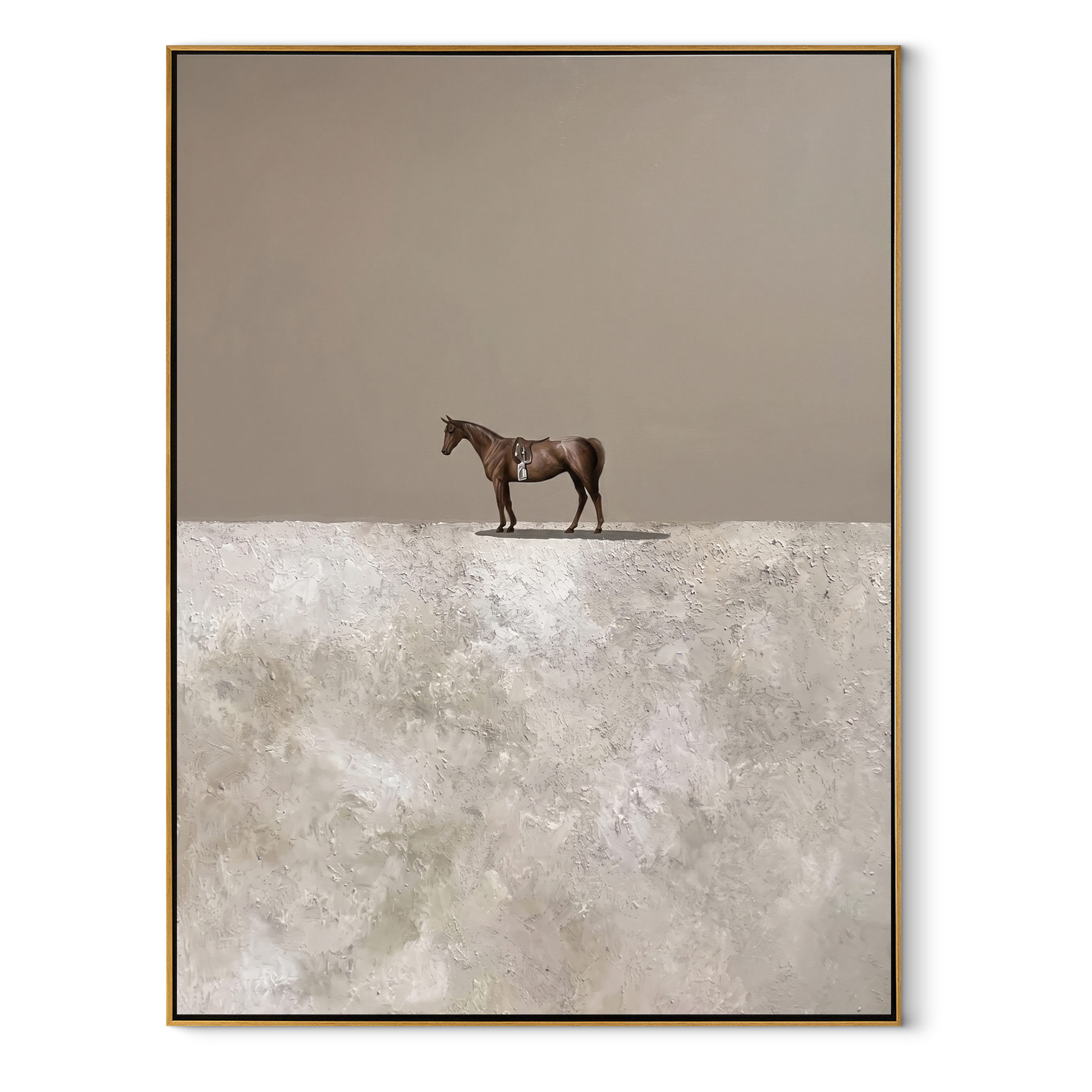 Tiny Horse Crosses Snow - minimal solitary horse painting by Isabelle Laurent, modern Western vertical wall art – wood frame on white background