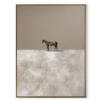 Tiny Horse Crosses Snow - minimal solitary horse painting by Isabelle Laurent, modern Western vertical wall art – wood frame on white background