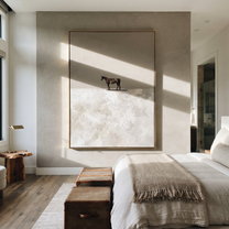 Tiny Horse Crosses Snow - minimal solitary horse painting by Isabelle Laurent, modern Western vertical wall art – styled room scene view 3