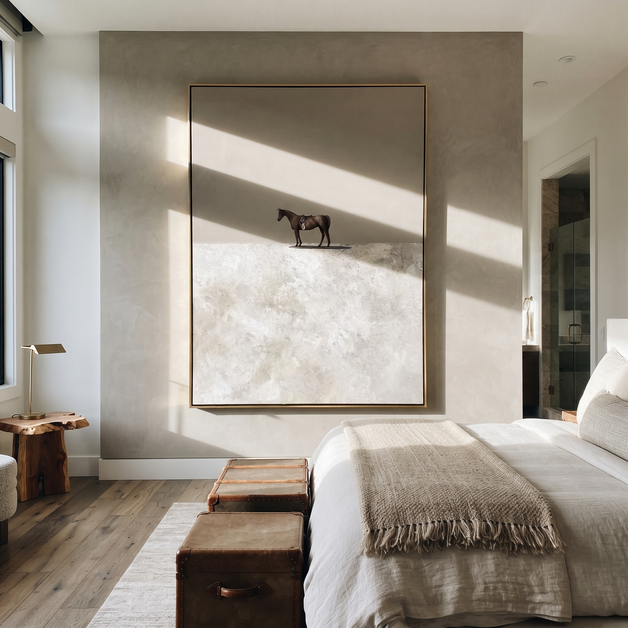 Tiny Horse Crosses Snow - minimal solitary horse painting by Isabelle Laurent, modern Western vertical wall art – styled room scene view 3