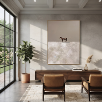 Tiny Horse Crosses Snow - minimal solitary horse painting by Isabelle Laurent, modern Western vertical wall art – styled room scene view 4
