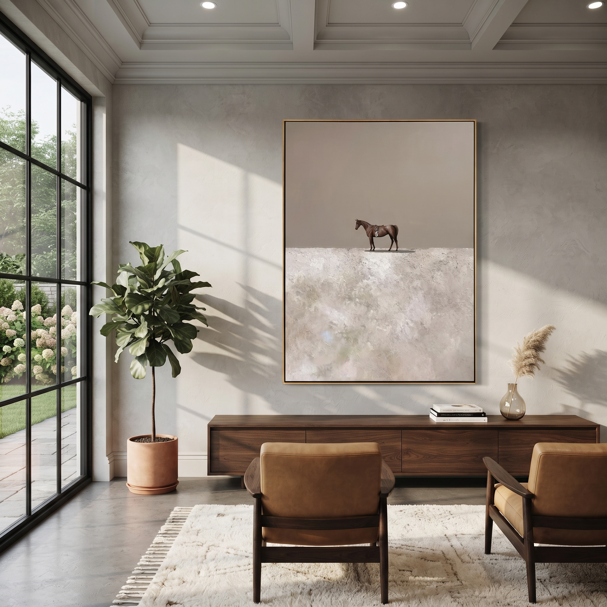 Tiny Horse Crosses Snow - minimal solitary horse painting by Isabelle Laurent, modern Western vertical wall art – styled room scene view 4