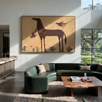 Birds Circle Brown Horse - horse birds floral painting by Isabelle Laurent, modern Western horizontal wall art – styled room scene view 1