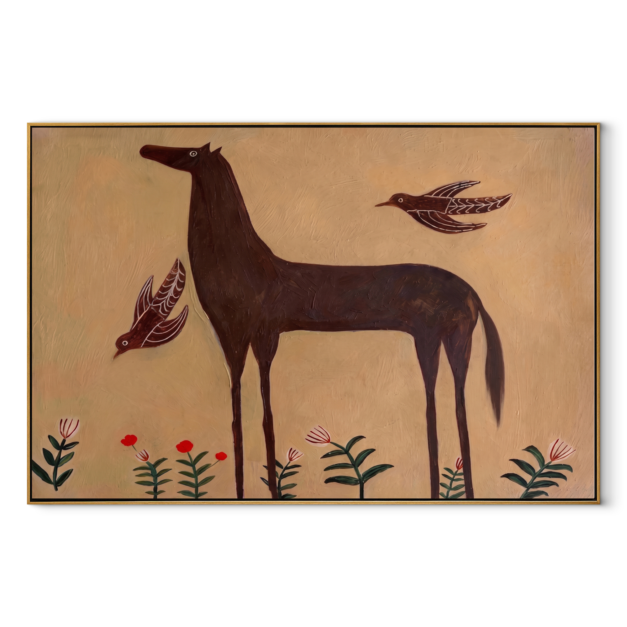 Birds Circle Brown Horse - horse birds floral painting by Isabelle Laurent, modern Western horizontal wall art – wood frame on white background