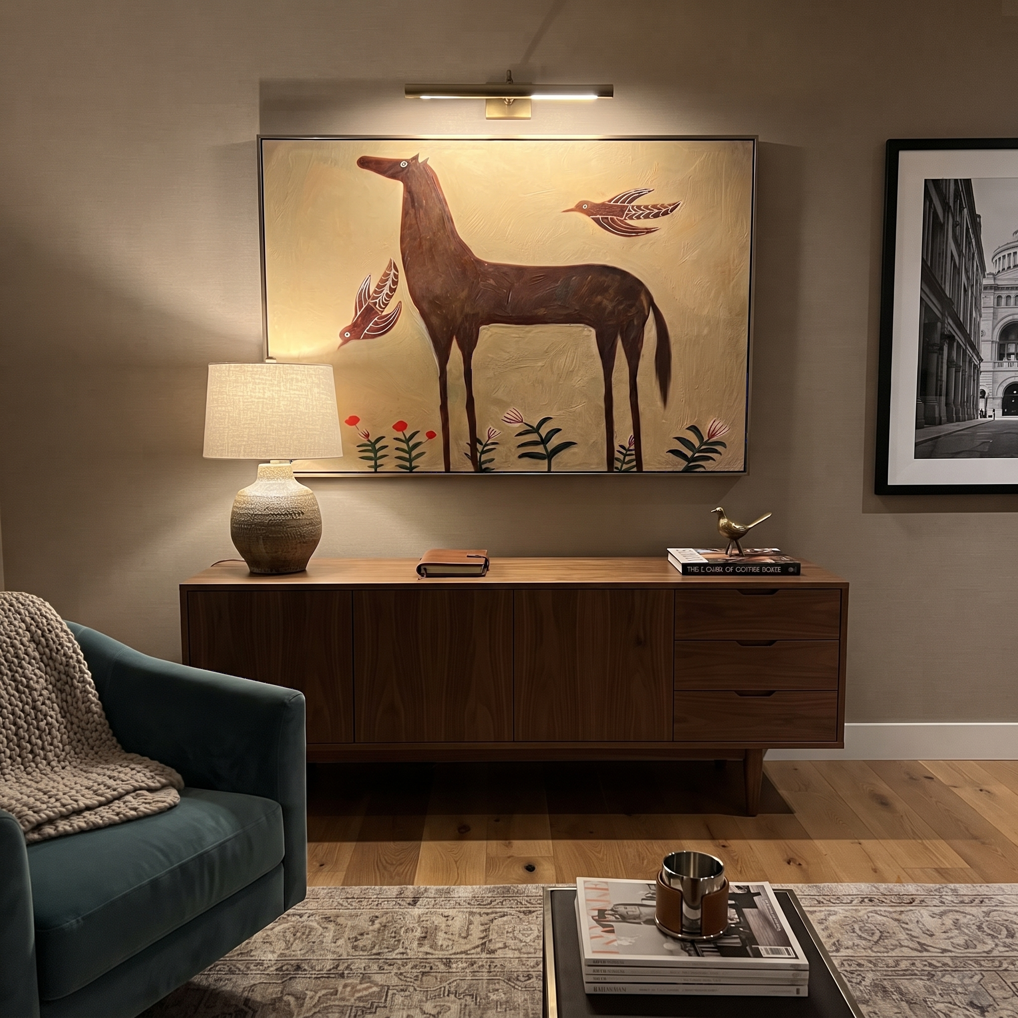 Birds Circle Brown Horse - horse birds floral painting by Isabelle Laurent, modern Western horizontal wall art – styled room scene view 2