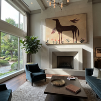 Birds Circle Brown Horse - horse birds floral painting by Isabelle Laurent, modern Western horizontal wall art – styled room scene view 3