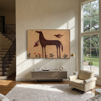 Birds Circle Brown Horse - horse birds floral painting by Isabelle Laurent, modern Western horizontal wall art – styled room scene view 4
