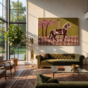 Palm Shadows Follow Rider - palm horse rider painting by Isabelle Laurent, modern Western horizontal wall art – styled room scene view 1