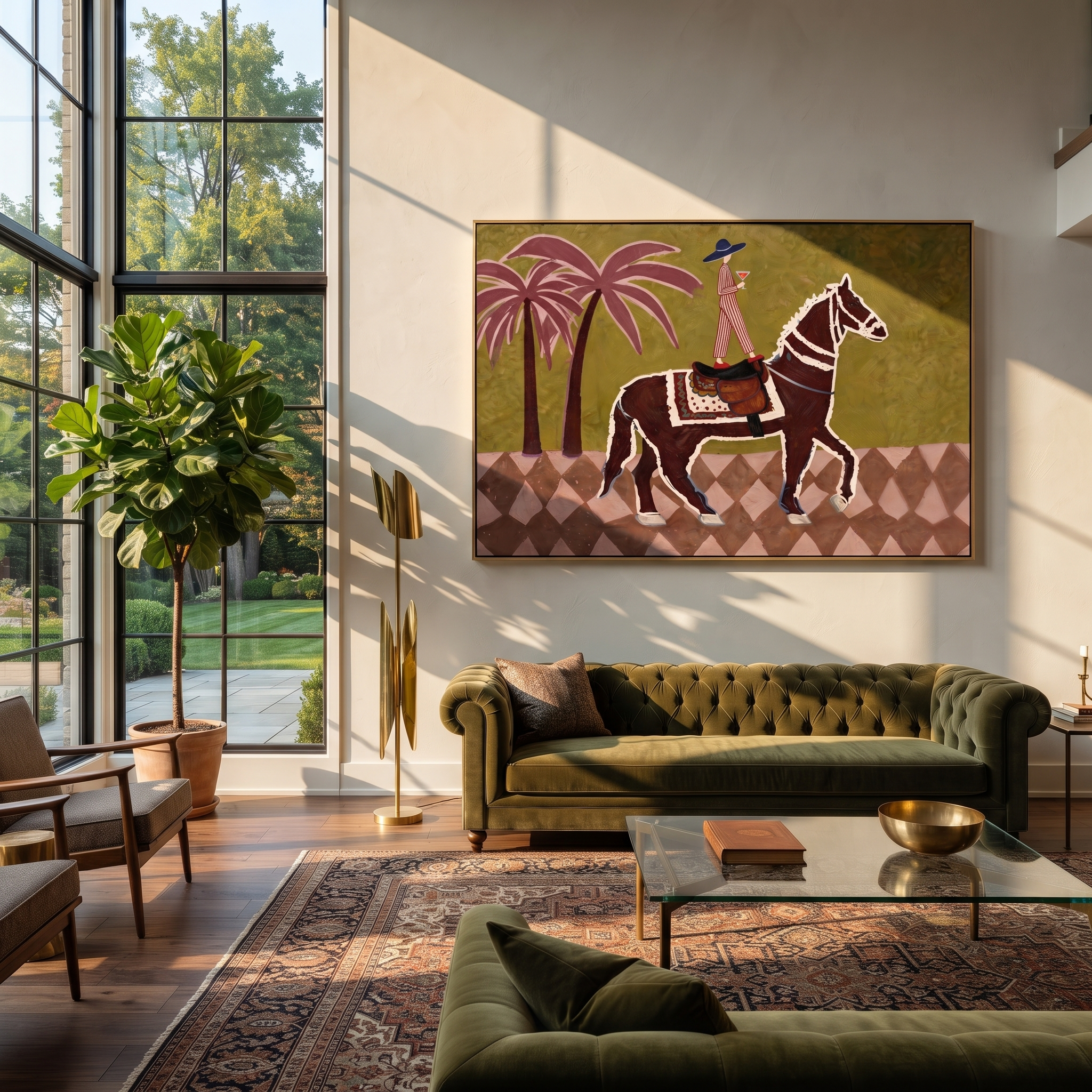 Palm Shadows Follow Rider - palm horse rider painting by Isabelle Laurent, modern Western horizontal wall art – styled room scene view 1