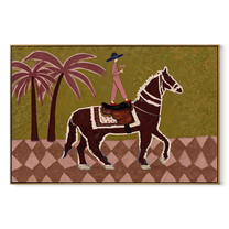 Palm Shadows Follow Rider - palm horse rider painting by Isabelle Laurent, modern Western horizontal wall art – wood frame on white background