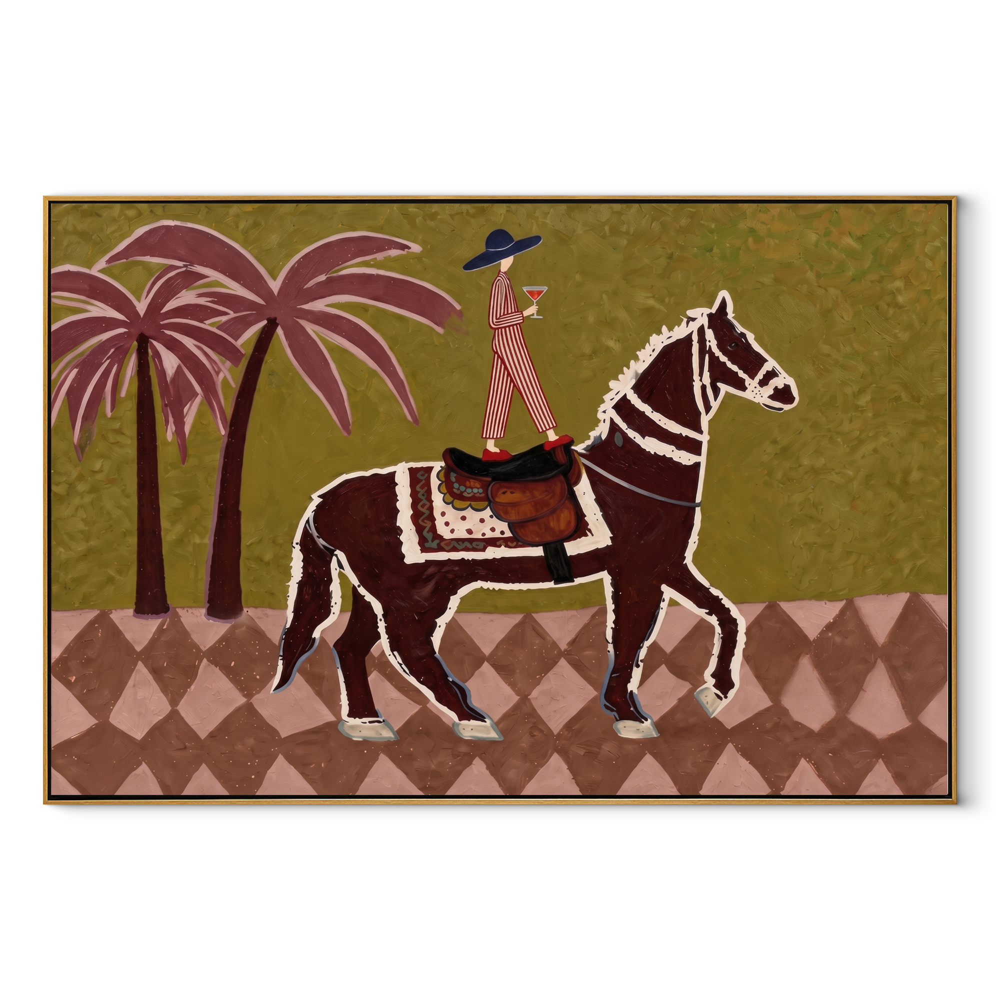 Palm Shadows Follow Rider - palm horse rider painting by Isabelle Laurent, modern Western horizontal wall art – wood frame on white background