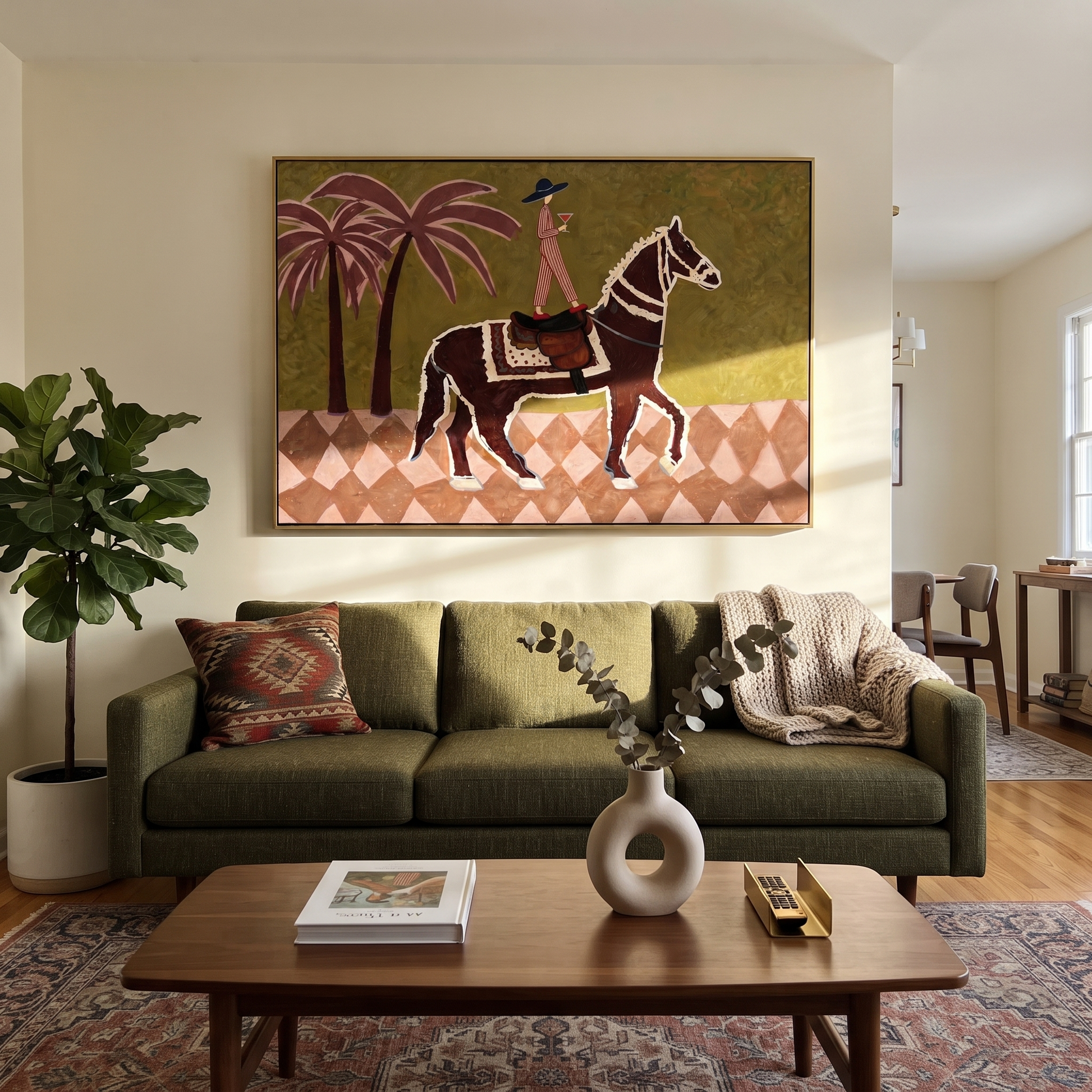 Palm Shadows Follow Rider - palm horse rider painting by Isabelle Laurent, modern Western horizontal wall art – styled room scene view 3