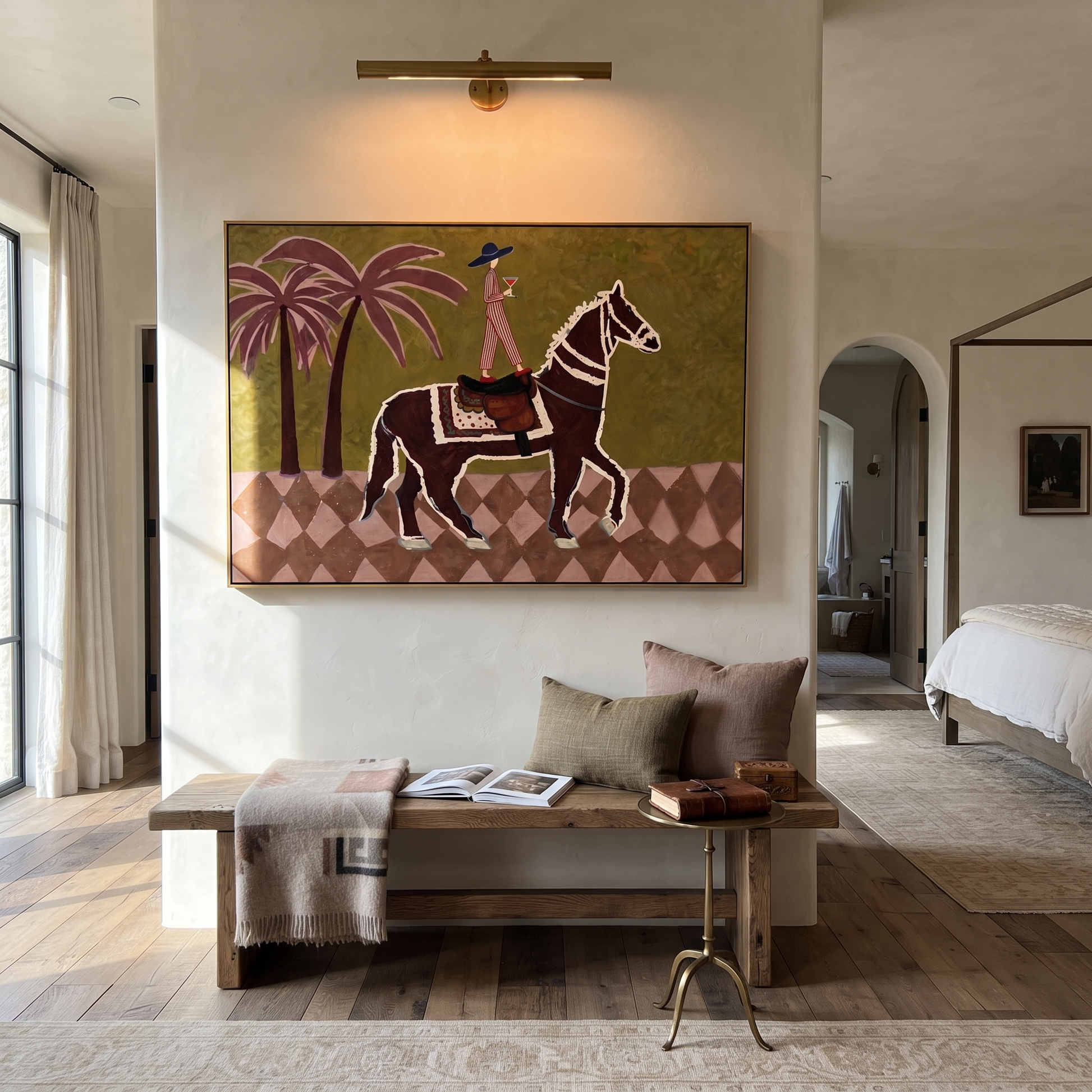 Palm Shadows Follow Rider - palm horse rider painting by Isabelle Laurent, modern Western horizontal wall art – styled room scene view 4
