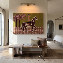Palm Shadows Follow Rider - palm horse rider painting by Isabelle Laurent, modern Western horizontal wall art – styled room scene view 4