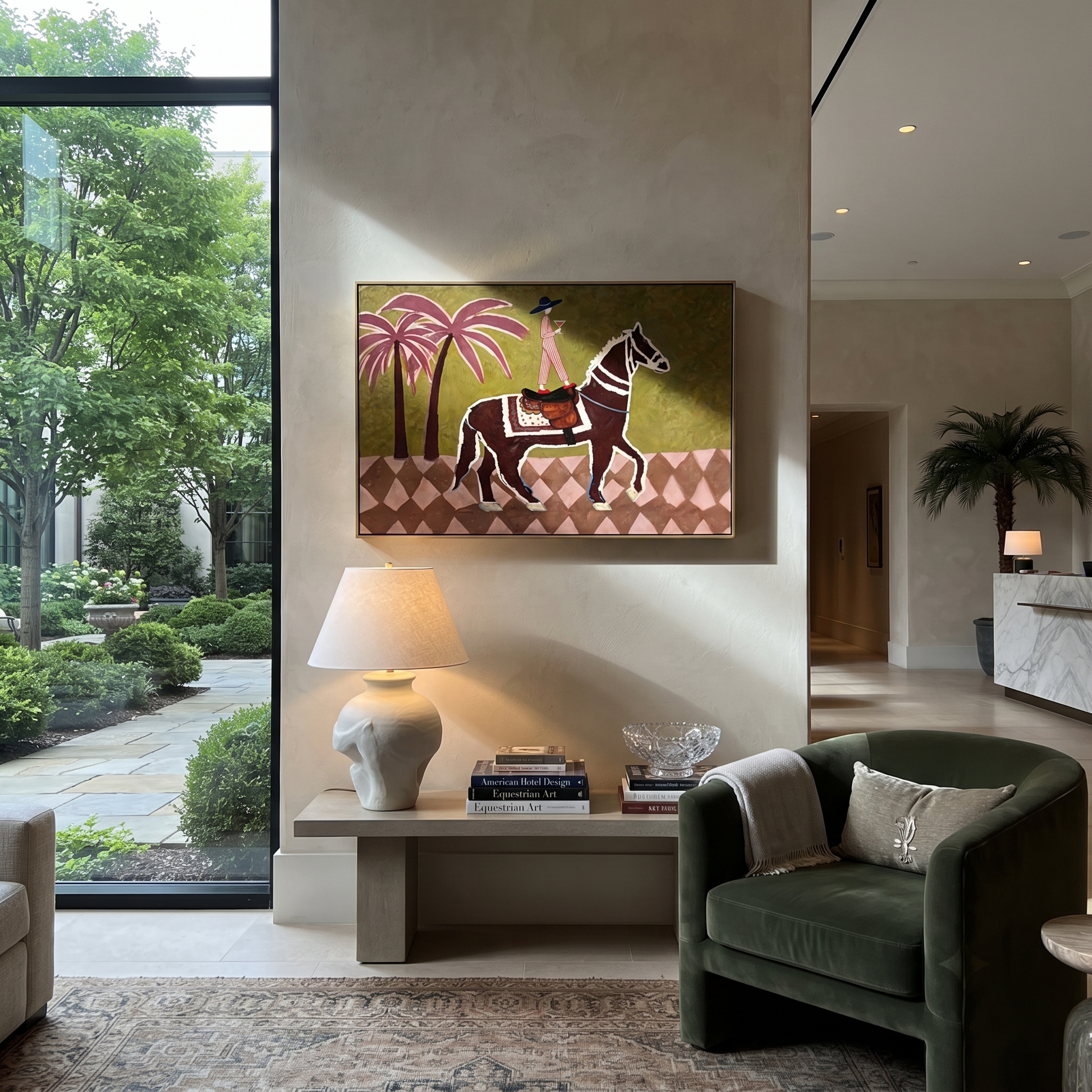 Palm Shadows Follow Rider - palm horse rider painting by Isabelle Laurent, modern Western horizontal wall art – styled room scene view 5