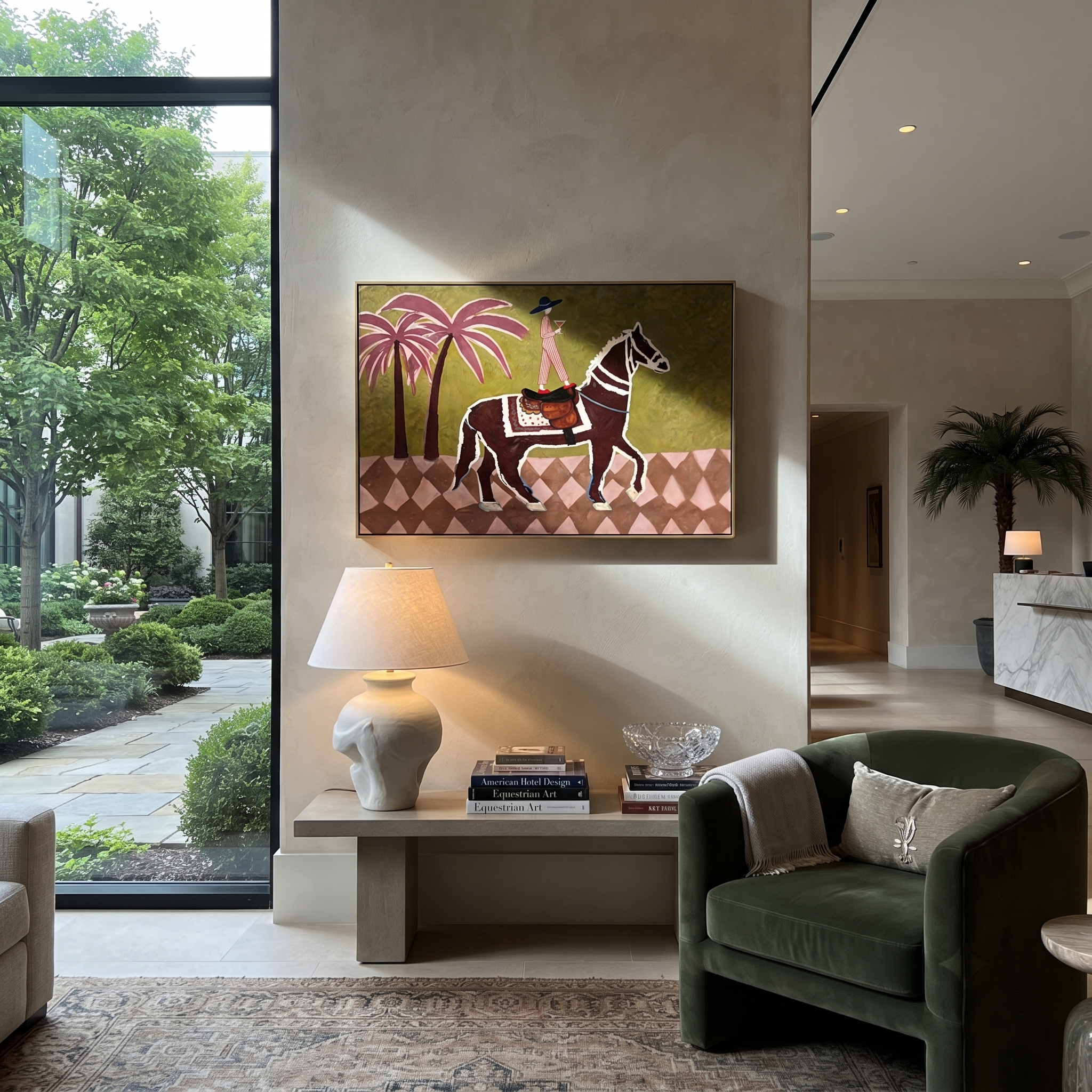 Palm Shadows Follow Rider - palm horse rider painting by Isabelle Laurent, modern Western horizontal wall art – styled room scene view 5