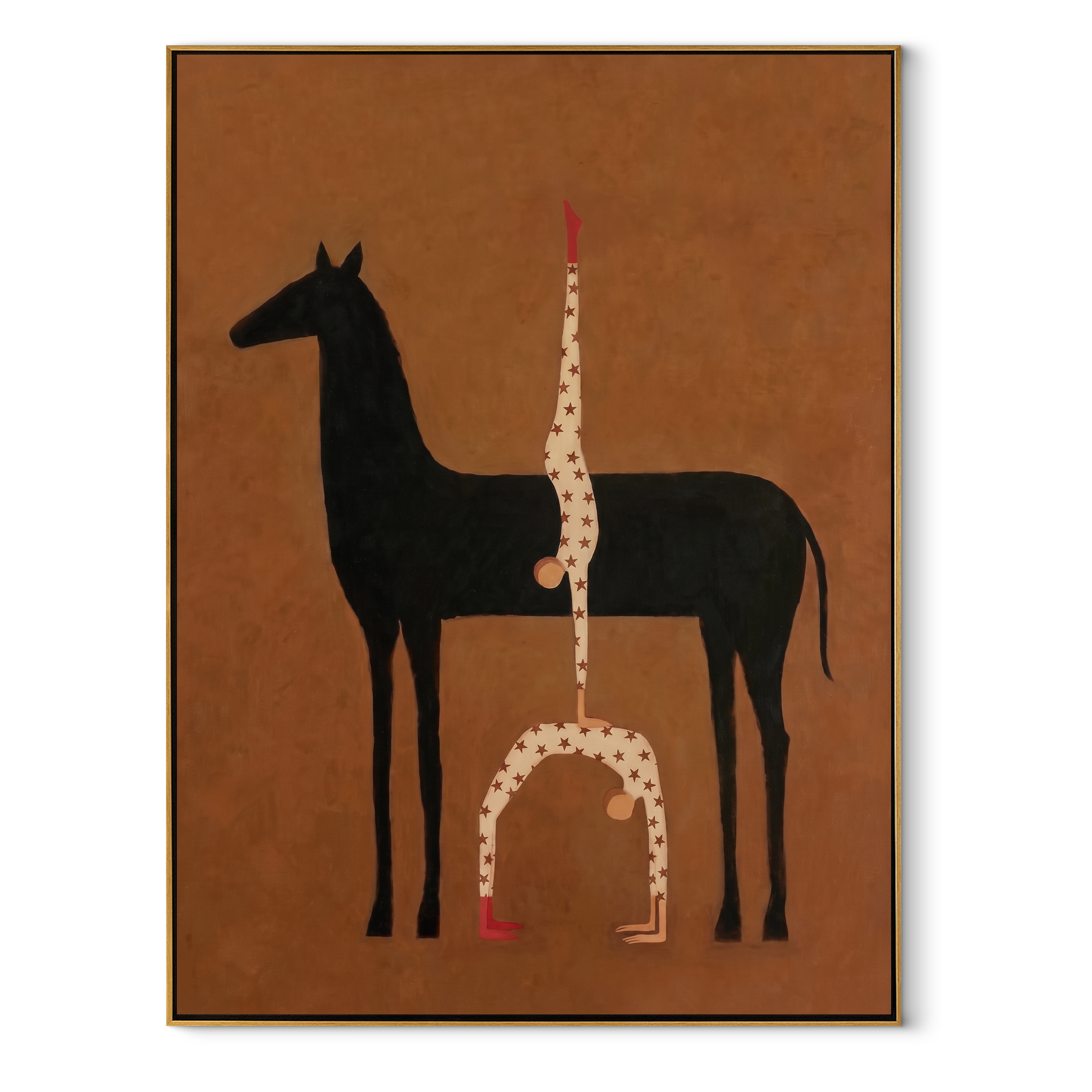 Inverted Stars Meet Horse - horse acrobat painting by Isabelle Laurent, modern Western vertical wall art – wood frame on white background