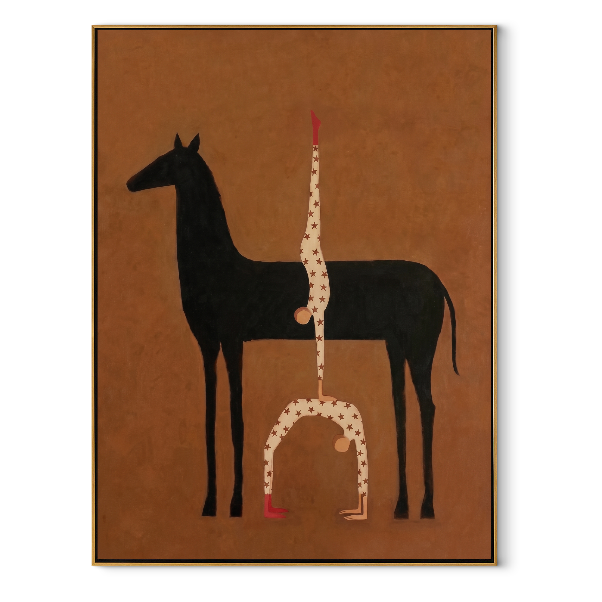 Inverted Stars Meet Horse - horse acrobat painting by Isabelle Laurent, modern Western vertical wall art – wood frame on white background