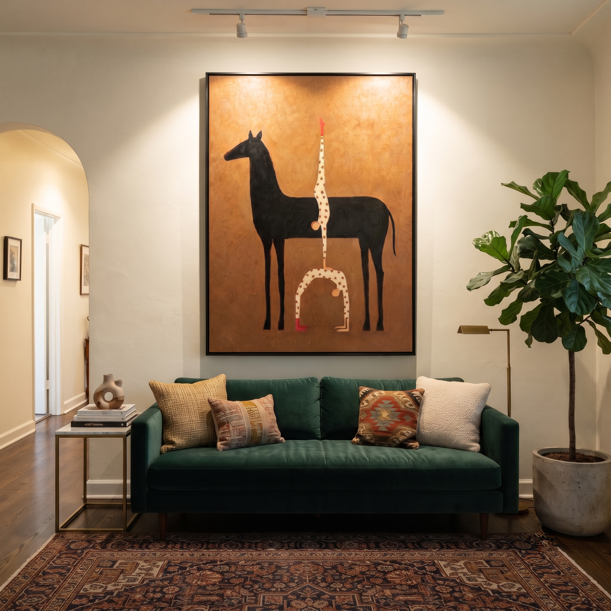 Inverted Stars Meet Horse - horse acrobat painting by Isabelle Laurent, modern Western vertical wall art – styled room scene view 2