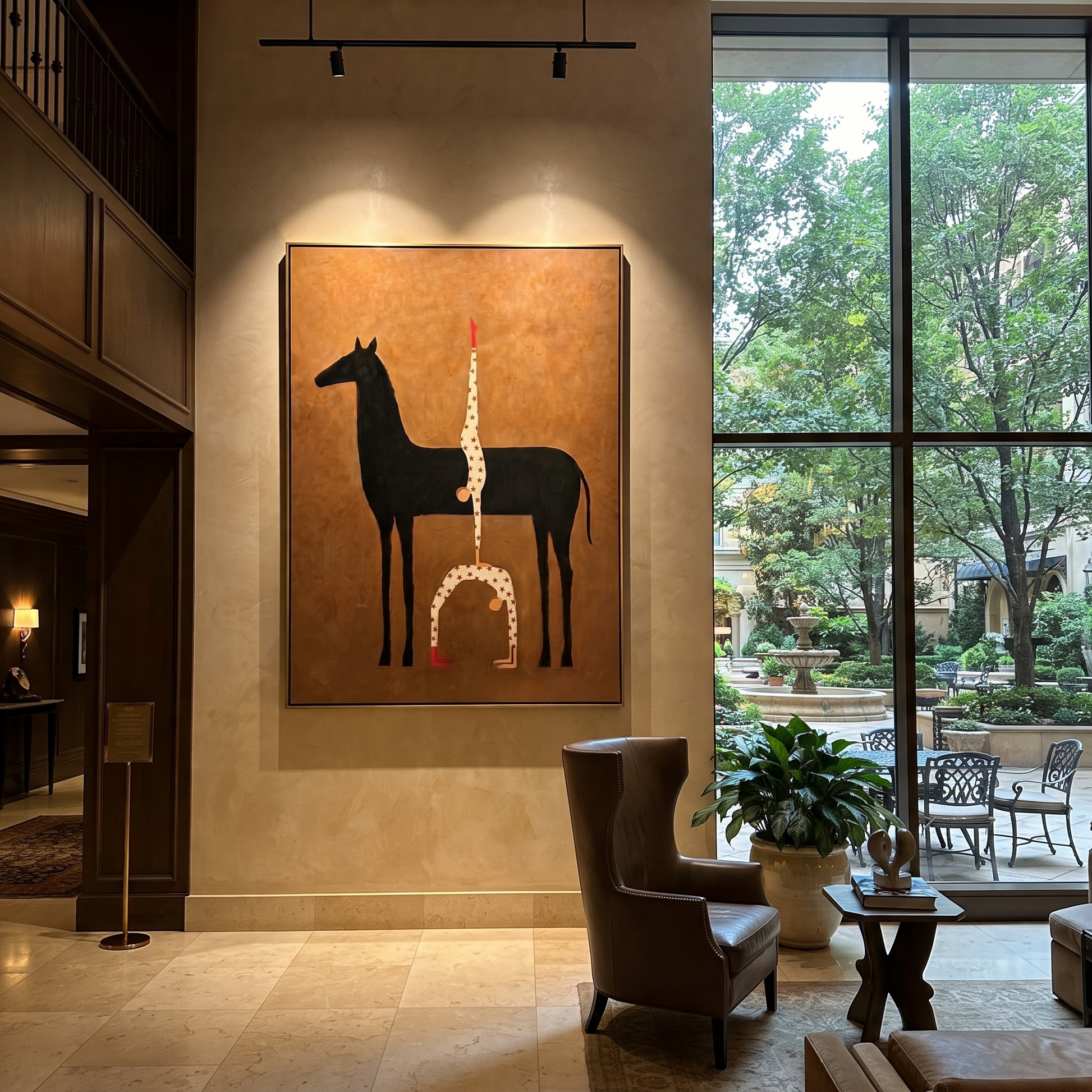 Inverted Stars Meet Horse - horse acrobat painting by Isabelle Laurent, modern Western vertical wall art – styled room scene view 3